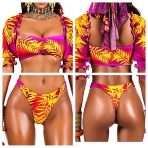 New! BFyne Tropical Floral puff sleeve thong Bikini Set 3464